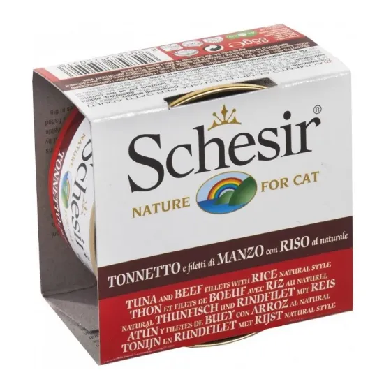 Снимка на Schesir Tuna&Beef And Rice Natural Style-Консервирана храна за израснали котки с риба тон говеждо и ориз в собствен сос, 4 броя х 85 гр.