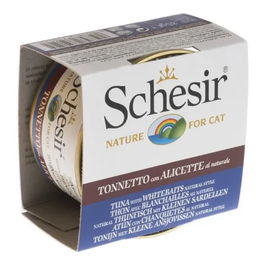 Снимка на Schesir Tuna&Whitebaits Natural Style -Консервирана храна за израснали котки с риба тон и атерина в собствен сос, 4 броя х 85 гр.
