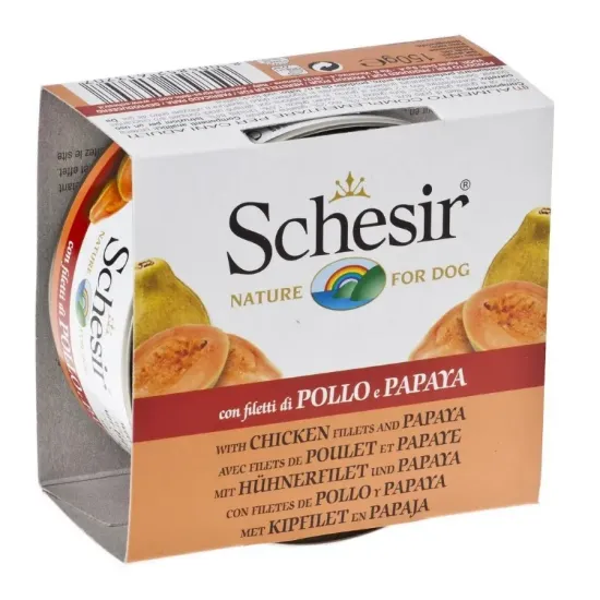 Снимка на Schesir Chicken Fillet And Papaya -Консервирана храна за израснали кучета с пилешки филенца и папая, 2 броя х 150 гр.