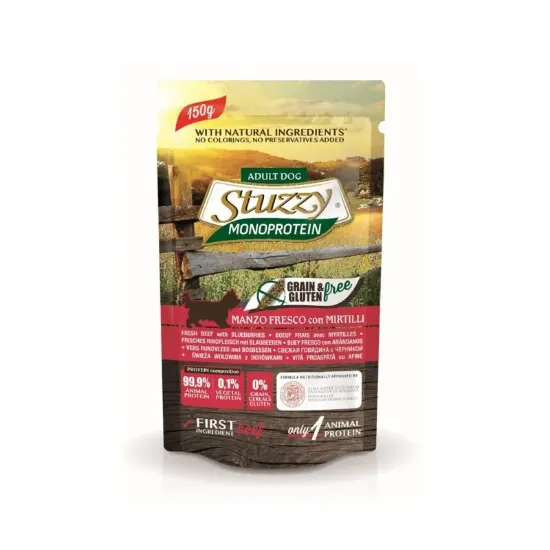 Снимка на Stuzzy Monoprotein Grain&Gluten Free Fresh Beef With Blueberries - Пауч за израснали кучета с говеждо и боровинки, 4 броя х 150 гр.