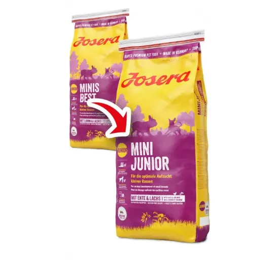 Снимка на Josera Mini Junior - Пълноценна суха храна за подрастващи кучета от малки породи с патешко месо и сьомга 900 гр.