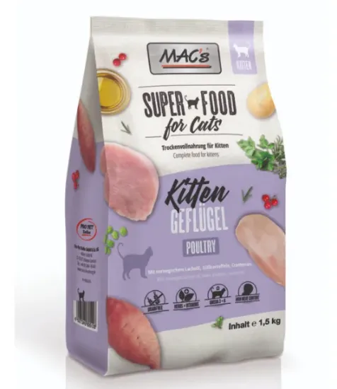 Снимка на Mac’s KITTEN Poultry & Shrimps - Пълноценна суха храна за подрастващи котенца с пилешко и скариди 1.5 кг.