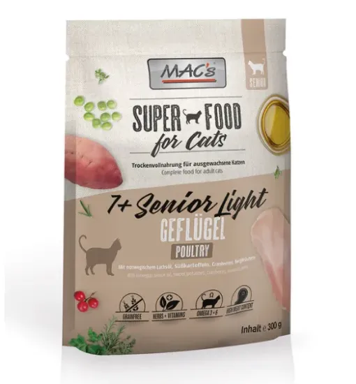 Снимка на Mac’s 7+ Senior Chicken/ Light - Супер премиум суха храна за котки над 7 годишна възраст, без зърно , с пилешко месо, червена боровинка и картофи 300 гр.