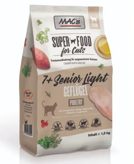 Снимка на Mac’s 7+ Senior Chicken/ Light - Супер премиум суха храна за котки над 7 годишна възраст, без зърно , с пилешко месо ,червена боровинка и картофи 1.5 кг.