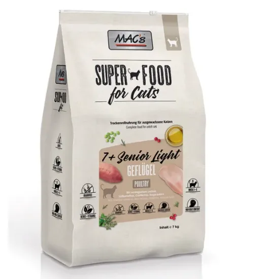 Снимка на Mac’s 7+ Senior Chicken/ Light - Супер премиум суха храна за котки над 7 годишна възраст, без зърно , с пилешко месо,червена боровинка и картофи 7 кг.