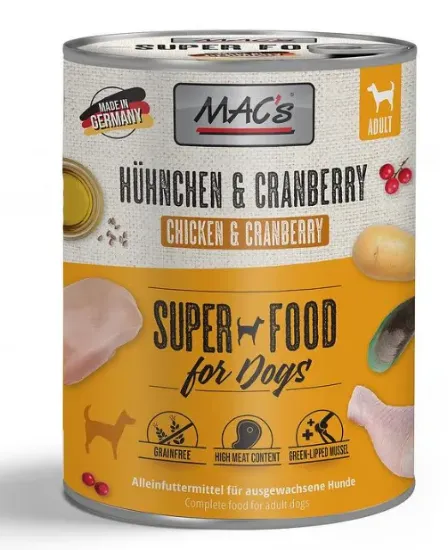 Снимка на Mac's dog chicken - Пълноценна консервирана храна за кучета, без зърно , с пилешко месо и боровинки,