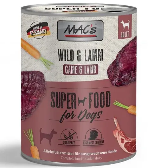 Снимка на Mac's dog wild and lamb - Пълноценна консервирана храна за кучета, без зърно , с дивеч и агнешко месо, 3 броя х 400 гр.