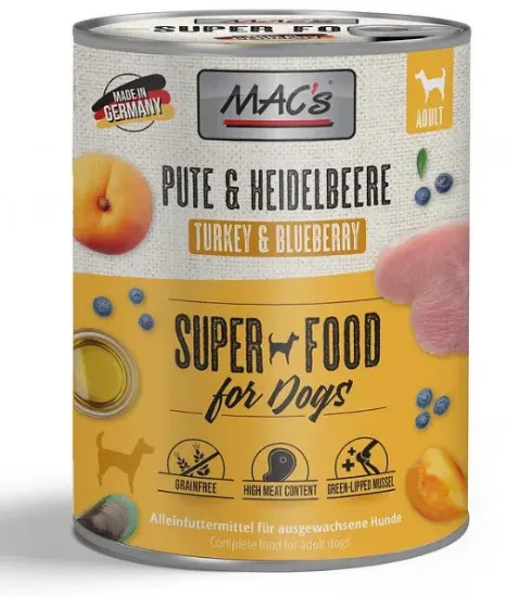 Снимка на Mac's Dog Turkey - Пълноценна консервирана храна за кучета , без зърно , с пуешко месо боровинки и кайсии, 3 броя х 400 гр.