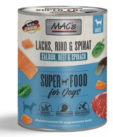 Снимка на Mac's Dog Salmon - Пълноценна консервирана храна за кучета , без зърно , със сьомга и спанак, 3 броя х 400 гр.