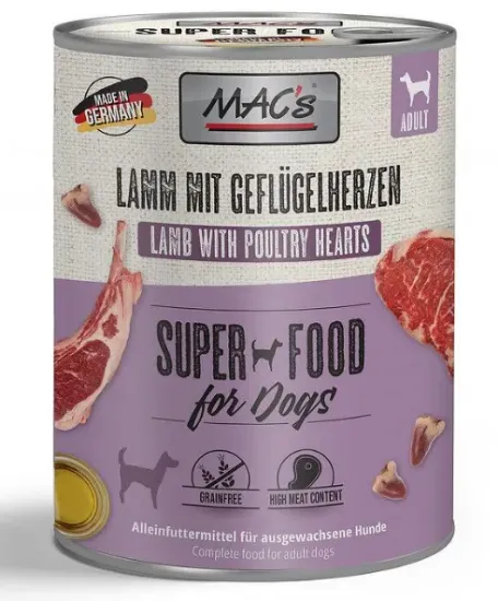 Снимка на Mac's Dog Lamb chicken hearts - Пълноценна консервирана храна за кучета , без зърно , с агнешко месо и пилешки сърца