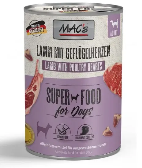 Снимка на Mac's Dog Lamb chicken hearts - Пълноценна консервирана храна за кучета , без зърно , с агнешко месо и пилешки сърца,