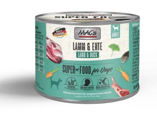 Снимка на Mac's Dog Lamb and duck - Пълноценна консервирана израснали храна за кучета , без зърно , с агнешко месо и патешко месо и моркови