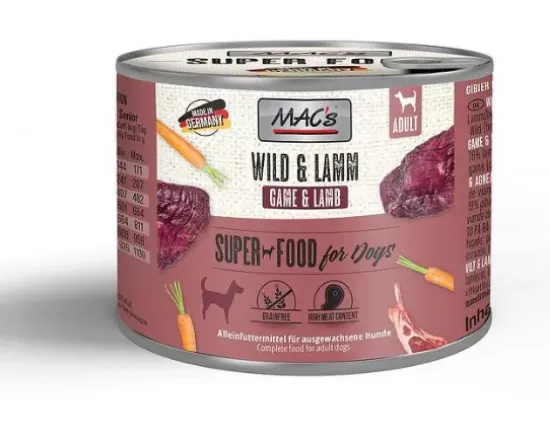 Снимка на Mac's Dog Wild and Lamb - Пълноценна консервирана храна за израснали кучета, без зърно , с дивеч и агнешко месо