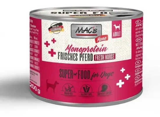 Снимка на Mac's Dog Sensitive Adult Horse - Пълноценна консервирана храна за израснали кучета с чувствителен стомах, без зърно , с конско месо
