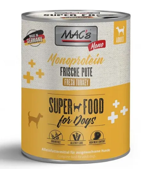 Снимка на Mac's Dog Sensitive Turkey - Пълноценна консервирана храна за кучета с чувствителен стомах , без зърно , с пуешко месо и моркови, 2 броя х 400 гр.
