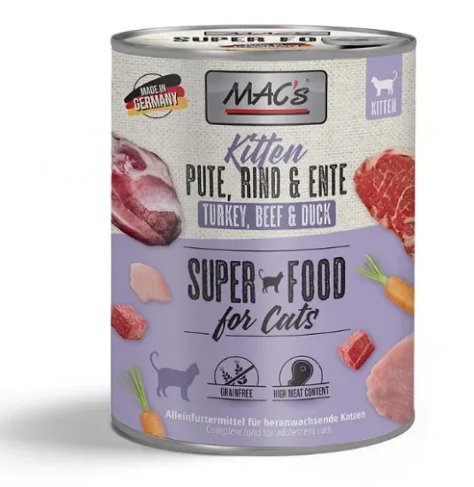 Снимка на Mac’s Kitten Turkey Beef and Duck - Премиум консервирана храна за подрастващи котенца с пуешко, телешко и патешко месо, 2 броя х 400 гр.