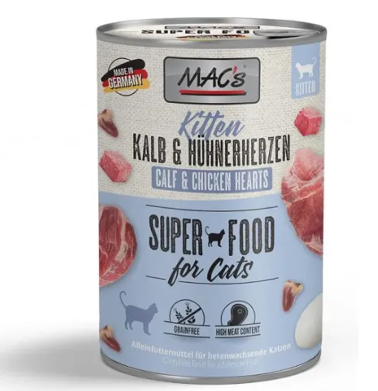 Снимка на Mac's Cat Beef and chicken hearts - Премиум консервирана храна за подрастващи котки с говеждо месо и пилешки сърца,