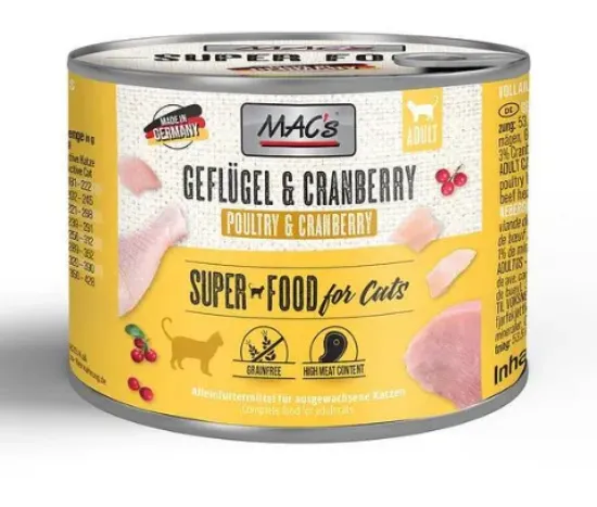 Снимка на Mac’s Cat Chicken - Премиум консервирана храна за котки с пилешко месо и червени боровинки, 3 броя х 200 гр.