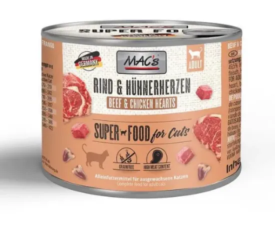 Снимка на Mac’s Cat Beef and Chicken hearts - Премиум консервирана храна за котки с говеждо месо и пилешки сърца, 3 броя х 200 гр.