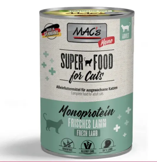Снимка на Mac’s Cat Lamb and carrot - Премиум консервирана храна за котки с чувствителен стомах, без зърно , с агнешко месо и моркови и вечерна иглика за чувствителни котки.