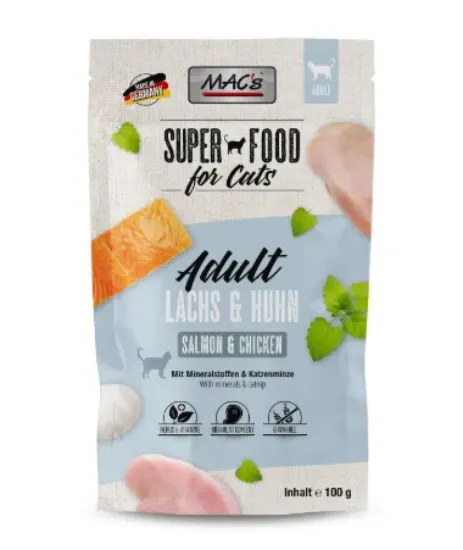 Снимка на Mac's Cat Salmon and Chicken - Супер премиум пауч за котки със сьомга , пилешко и боровинки, 4 броя х 100 гр.