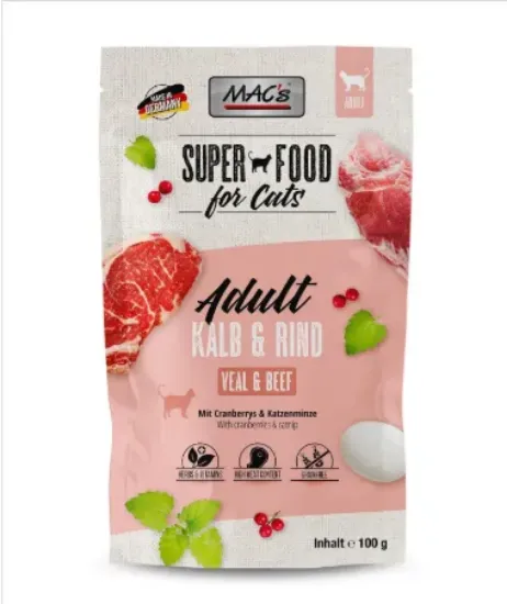 Снимка на Mac's Cat Beef and Veal - Супер премиум пауч за котки с говеждо , телешко месо и червена боровинка, 4 броя х 100 гр.