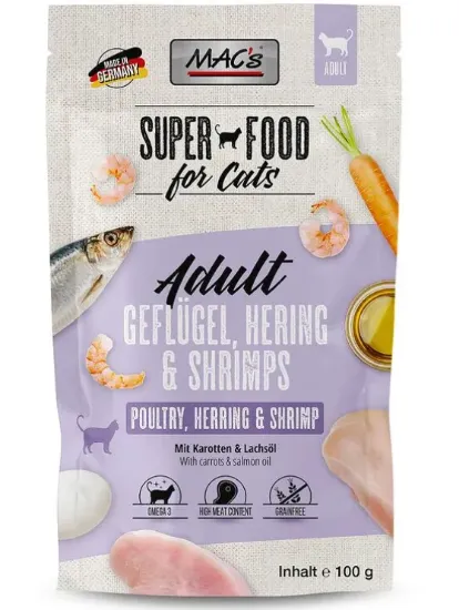 Снимка на Mac's Cat Adult пауч с пилешко, херинга, скариди и масло от сьомга за израснали котки 100 гр