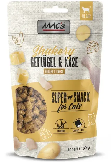Снимка на Mac's Shakery Chicken & Cheese - Премиум лакомство за котки , без зърно , снакс с пилешко месо и сирене, 4 броя х 60 гр.
