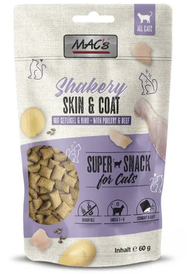 Снимка на Mаc's Cat Shakery Skin & Coat - Премиум лакомство за котки , без зърно , за красива козина и кожа,снакс с пилешко,сьомга и говеждо