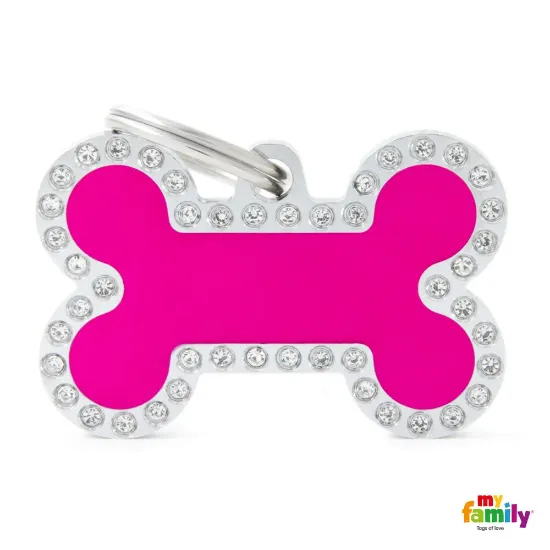 Снимка на My Family Swarovski's BIG FUCHSIA Dog Tag Big Bone Strass - Ръчно изработен медальон кокал - адресник за кучета 2.5 см. / 3.8 см. розов