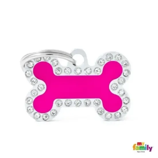 Снимка на My Family Swarovski's Glam Dog Tag Small Bone Strass - Ръчно изработен медальон кокал - адресник за кучета 3.0 см. / 1.9 см. розов