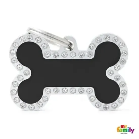 Снимка на My Family Swarovski's Glam Dog Tag Small Bone Strass - Ръчно изработен медальон кокал - адресник за кучета 3.0 см. / 1.9 см. черен