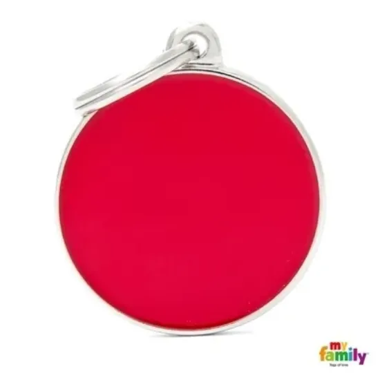 Снимка на My Family Dog Tag Big Red Circle- Ръчно изработен медальон , кръг - адресник за кучета 3.17 см. / 3.93 см. - червен