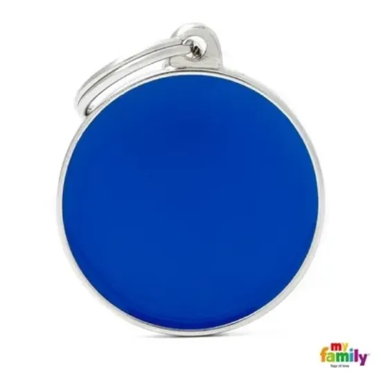 Снимка на My Family Dog Tag Small Blue Circle- Ръчно изработен медальон , кръг - адресник за кучета 2.15 см. / 2.85 см. - син
