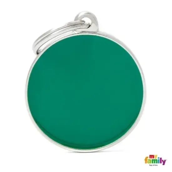 Снимка на My Family Dog Tag Small Green Circle- Ръчно изработен медальон , кръг - адресник за кучета 2.15 см. / 2.85 см. - зелен