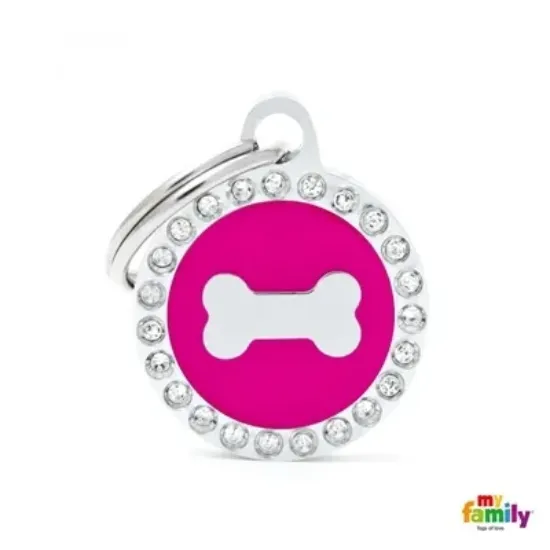 Снимка на My Family Dog Tag Fuchsia Swarovski's Bone Circle Strass - Ръчно изработен медальон , кръг с кокал- адресник за кучета 2.15 см. / 2.85 см. - розов