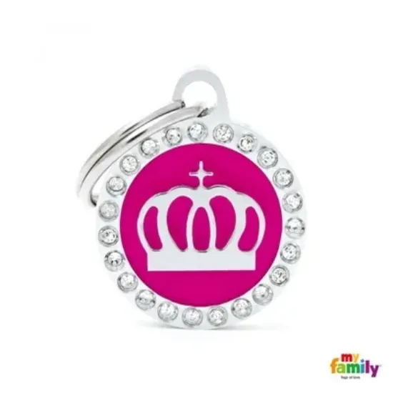 Снимка на My Family Dog Tag Fuchsia Swarovski's Crown Circle Strass - Ръчно изработен медальон , кръг с корона- адресник за кучета 2.15 см. / 2.85 см. - розов