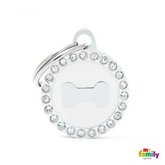 Снимка на My Family Dog Tag Fuchsia Swarovski's Bone Circle Strass - Ръчно изработен медальон , кръг с кокал- адресник за кучета 2.15 см. / 2.85 см. - бял