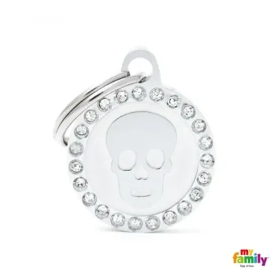 Снимка на My Family Dog Tag Fuchsia Swarovski's Skull Circle Strass - Ръчно изработен медальон , кръг с череп- адресник за кучета 2.15 см. / 2.85 см. - бял