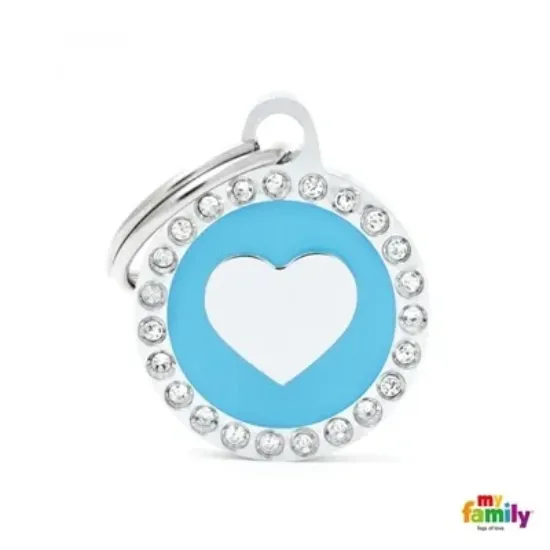Снимка на My Family Dog Tag Fuchsia Swarovski's Heart Circle Strass - Ръчно изработен медальон , кръг със сърце- адресник за кучета и котки 2.15 см. / 2.85 см. - розов