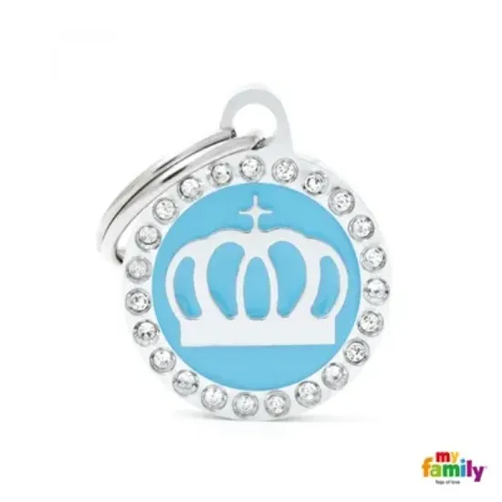 Снимка на My Family Dog Tag Fuchsia Swarovski's Crown Circle Strass - Ръчно изработен медальон , кръг с корона- адресник за кучета и котки 2.15 см. / 2.85 см. - син