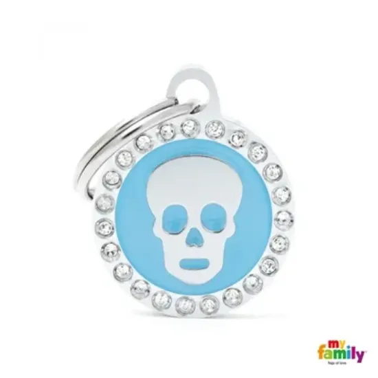 Снимка на My Family Dog Tag Fuchsia Swarovski's Skull Circle Strass - Ръчно изработен медальон , кръг с череп- адресник за кучета 2.15 см. / 2.85 см. - син