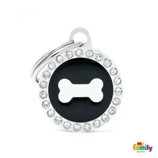 Снимка на My Family Dog Tag Fuchsia Swarovski's Bone Circle Strass - Ръчно изработен медальон , кръг с кокал- адресник за кучета 2.15 см. / 2.85 см. - черен