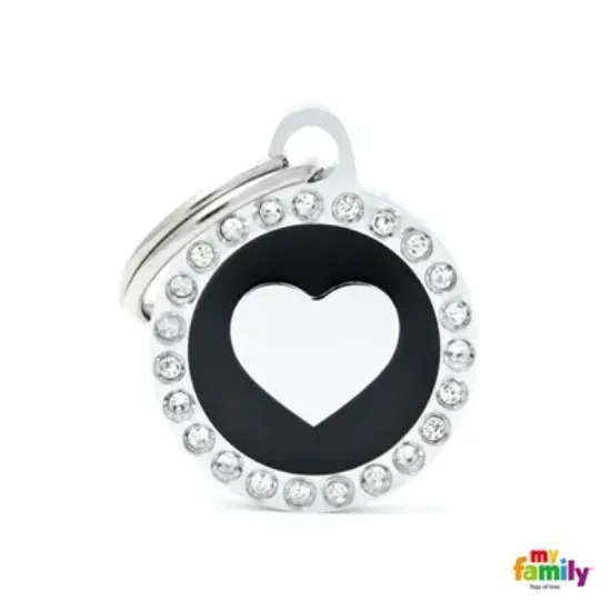 Снимка на My Family Dog Tag Fuchsia Swarovski's Heart Circle Strass - Ръчно изработен медальон , кръг със сърце- адресник за кучета и котки 2.15 см. / 2.85 см. - черен