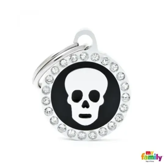 Снимка на My Family Dog Tag Fuchsia Swarovski's Skull Circle Strass - Ръчно изработен медальон , кръг с череп- адресник за кучета 2.15 см. / 2.85 см. - черен