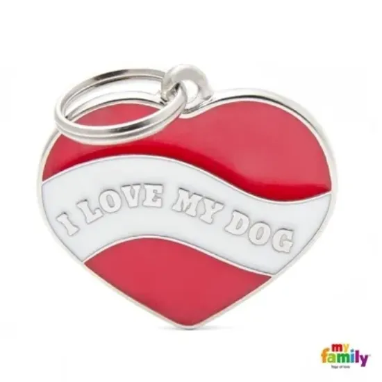 Снимка на My Family Dog Tag Heart i love My Dog- Ръчно изработен медальон , Сърце с надпис-Обичам моето куче- адресник за кучета 3.01 см. / 3.76 см.