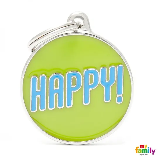 Снимка на My Family Dog Tag Big Circle Happy - Ръчно изработен медальон , с надпис Happy- адресник за кучета 3.93 см. /3.17 см. зелен