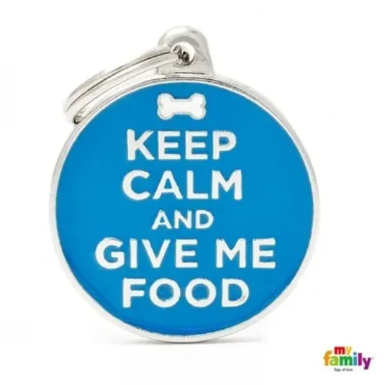 Снимка на My Family Dog Tag - Ръчно изработен медальон , с надпис KEEP CALM AND GIVE ME FOOD, адресник за кучета 3.93 см. /3.17 см. син