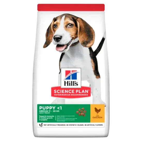 Снимка на HILL’S SCIENCE PLAN CANINE PUPPY MEDIUM С ПИЛЕШКО – ЗА ПОДРАСТВАЩИ КУЧЕТА ОТ СРЕДНИТЕ ПОРОДИ ДО 25 КГ., ОТ ОТБИВАНЕТО ДО 1 Г. БРЕМЕННИ И КЪРМЕЩИ КУЧЕТА 14кг.