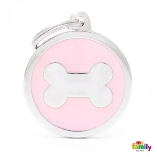 Снимка на My Family Dog Tag Bone Circle - Ръчно изработен медальон , с кокал - адресник за кучета 3.93 см. /3.17 см. розов